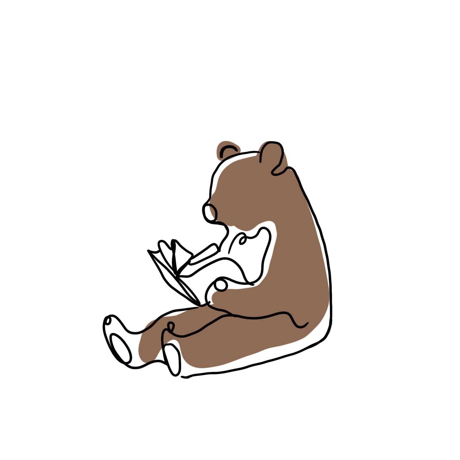 Brown color-block bear line-art illustration with an open book.