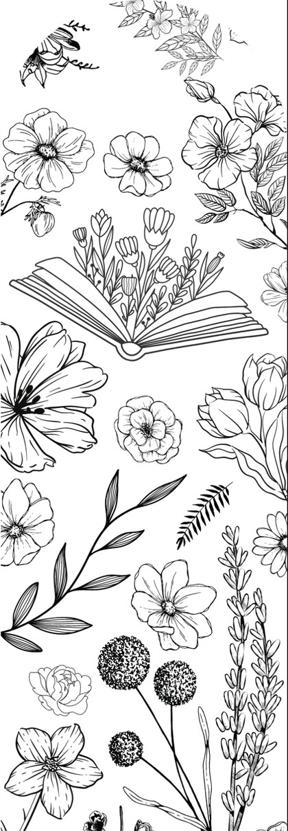 Black floral line art arranged around an open book.